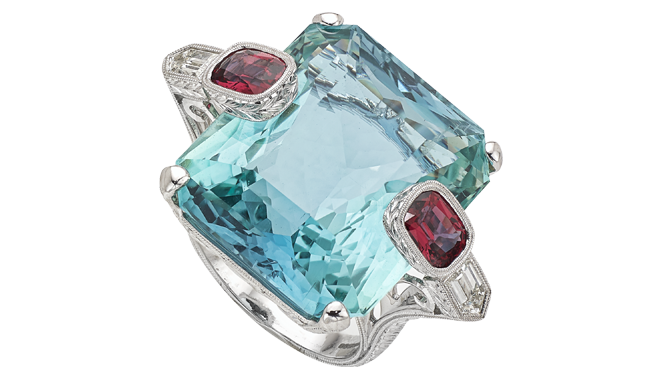 DQ724 | 18ct White Gold. A Green Aquamarine (35.97cts), 'Flame' Spinel (1.39cts) & Diamond (0.47ct) set Ring