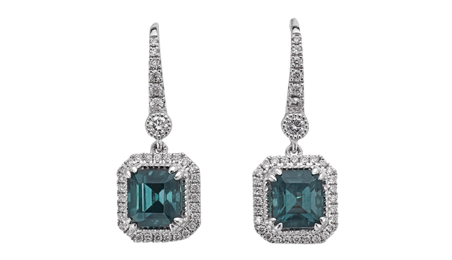 DS623 | 18ct White Gold. Blue-green Tourmaline & Diamond set Earrings (T: 2.97cts, D: 0.45ct)