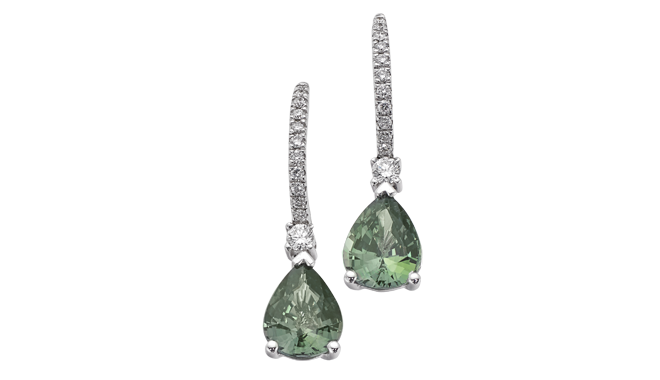 DT165 | 18ct White Gold. Pear Cut Green Sapphire & Diamond Earrings (S: 3.95cts, D: 0.28ct)