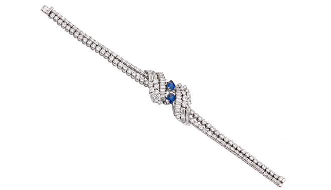 TSS460 | 1960s. Platinum & Gold. Handmade. A Diamond & Ceylon Sapphire set Bracelet (D. Est.: 11.25cts, S: 1.57cts)  - French Control Marks