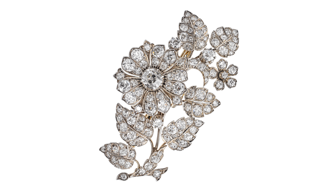 VSS219 | From the Estate of Eileen Wren,  Countess of Mount Charles. c.1860. Silver & Gold. An Antique Cut Diamond set 'Flower Spray' Brooch (Main Stone Est.: 1.76cts, Total Est.: 15.16cts)