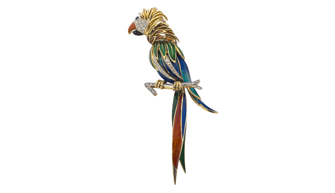 VSS647 | Italian. Late C20th. A ‘Parrot’ Brooch inlaid with Diamonds & Enamels